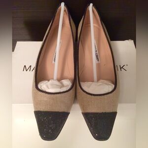 Authenic Manolo Blahnik Liana Fabric Glitter Black Tip Shoes Flat 38 RARE